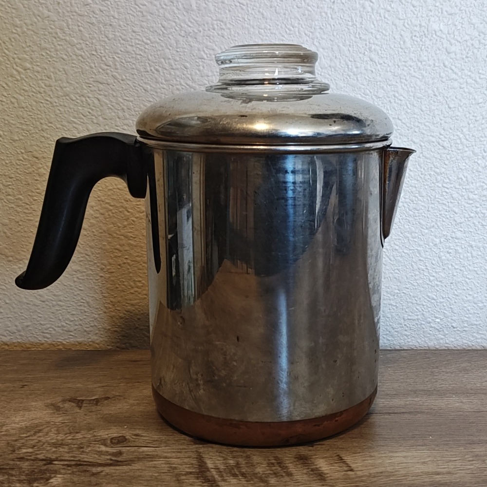 Vintage Revere Ware Coffee Percolator 7.5in Silver Copper Clad Stovetop 6 cup